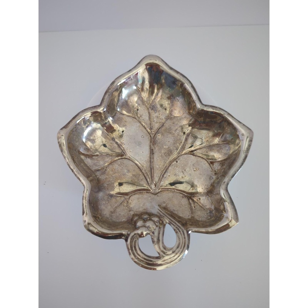 Vintage Silver Tone Leaf Dish Hong Kong 6in Trinket Tray Silverplate Metalware